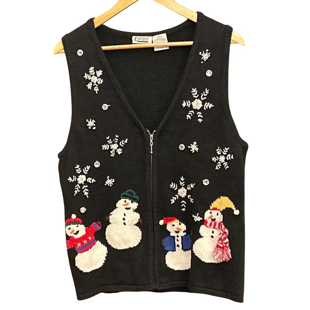"Capacity Snowman Christmas Zip Sweater Vest L Winter Holiday Cute Kitsch"